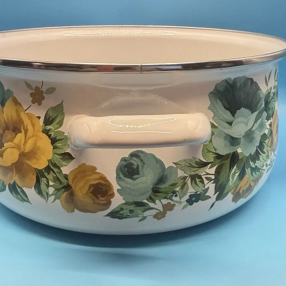 Pioneer Woman Floral Enamel Casserole Pot w Lid Green Blue Yellow Roses 2813JOC